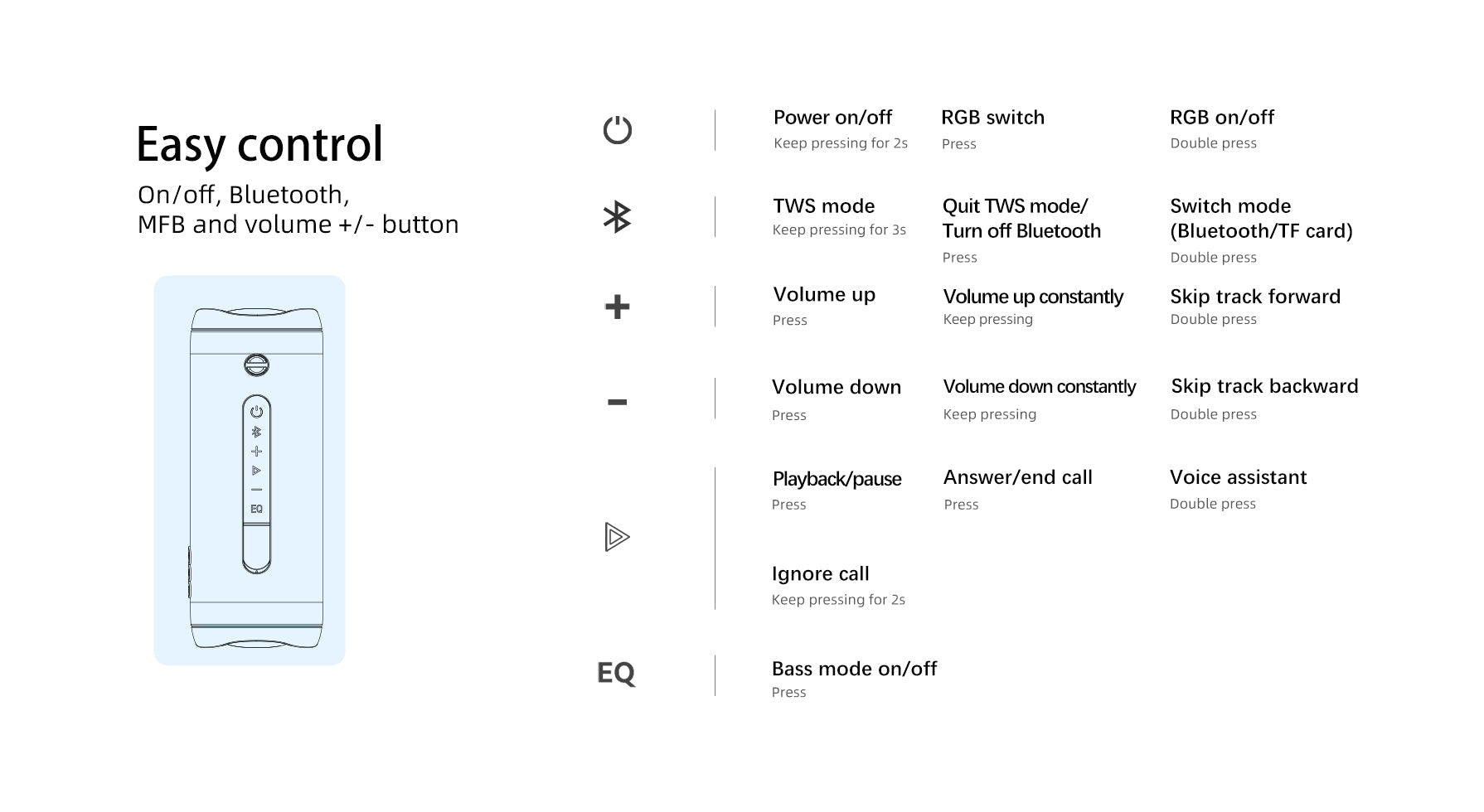 Manual de instrucciones: Control sencillo con botones de encendido, Bluetooth, MFB y volumen.