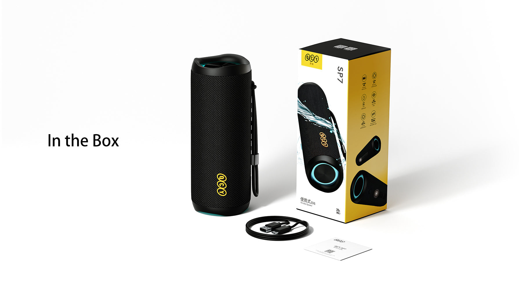 Altavoz Bluetooth portátil SP7 con resistencia al agua, cable USB y embalaje.