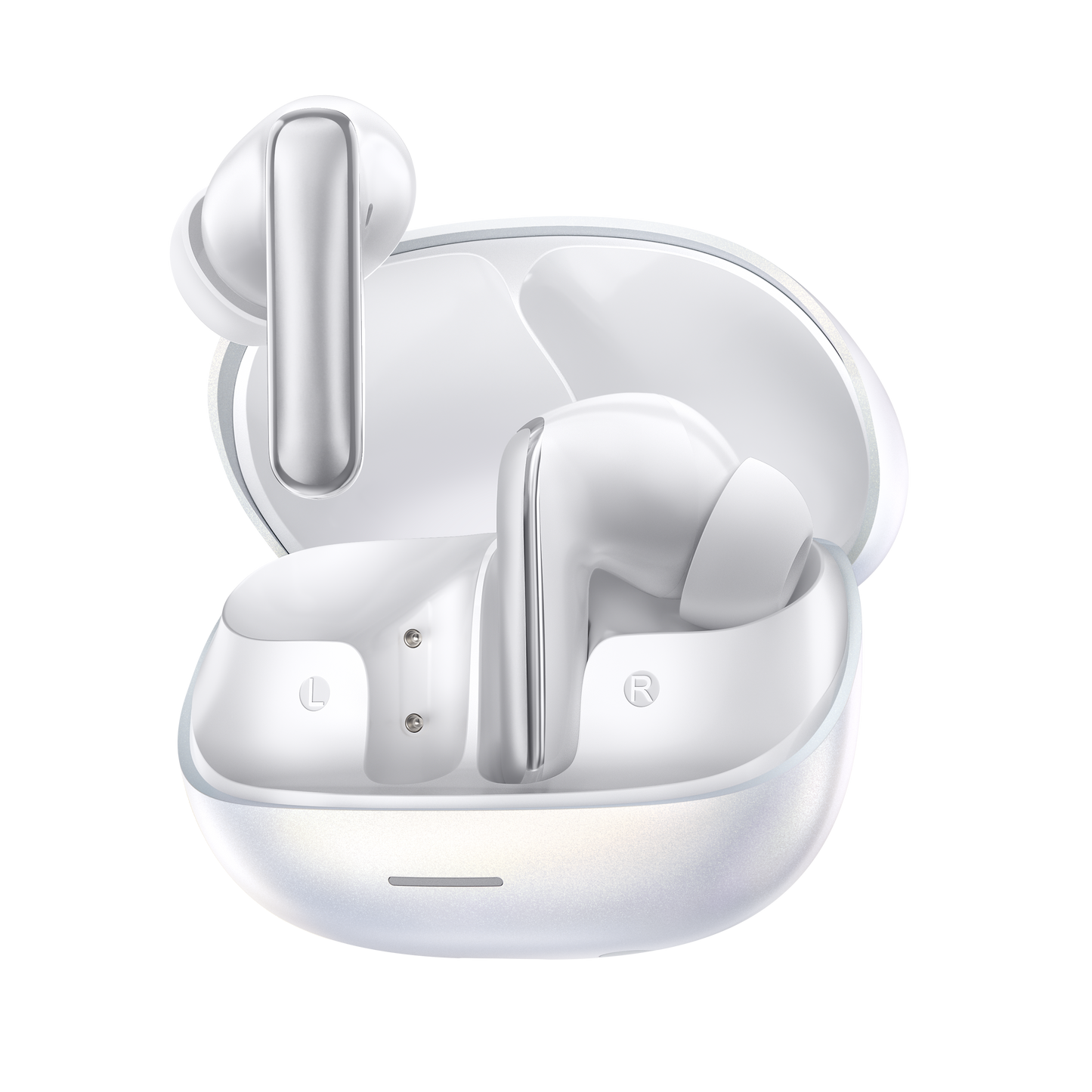 MeloBuds N65 – auriculares True Wireless blancos con caja de carga.