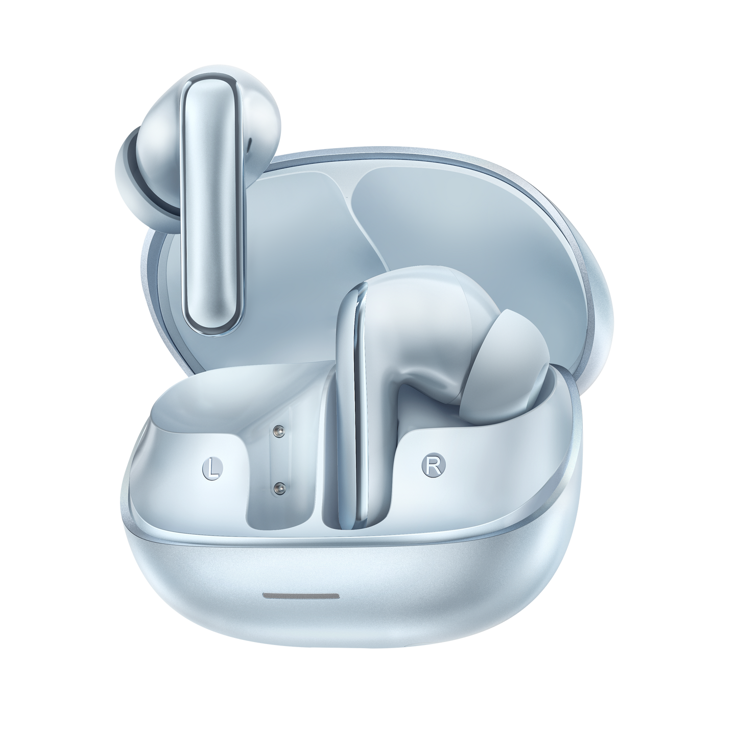 MeloBuds N65 – elegantes auriculares inalámbricos en plata con estuche de carga.