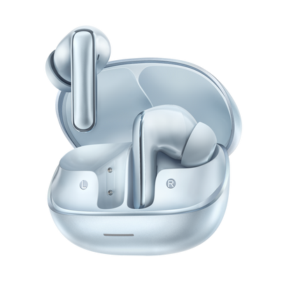 MeloBuds N65 – elegantes auriculares inalámbricos en plata con estuche de carga.