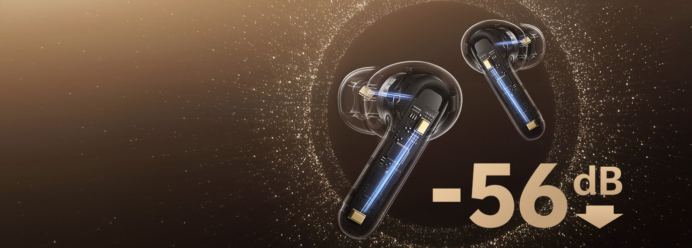 Auriculares intrauditivos premium con cancelación de ruido de -56 dB, diseño transparente y luz LED azul.