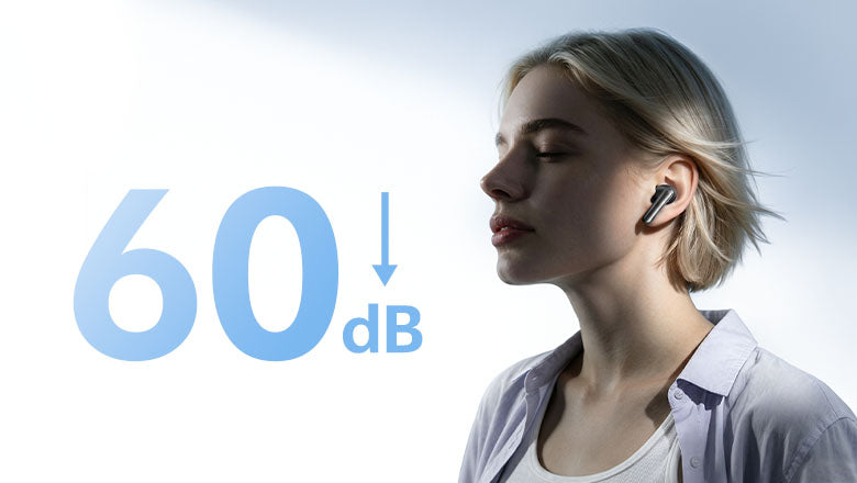 Mujer con auriculares Bluetooth, cancelación de ruido de 60 dB.