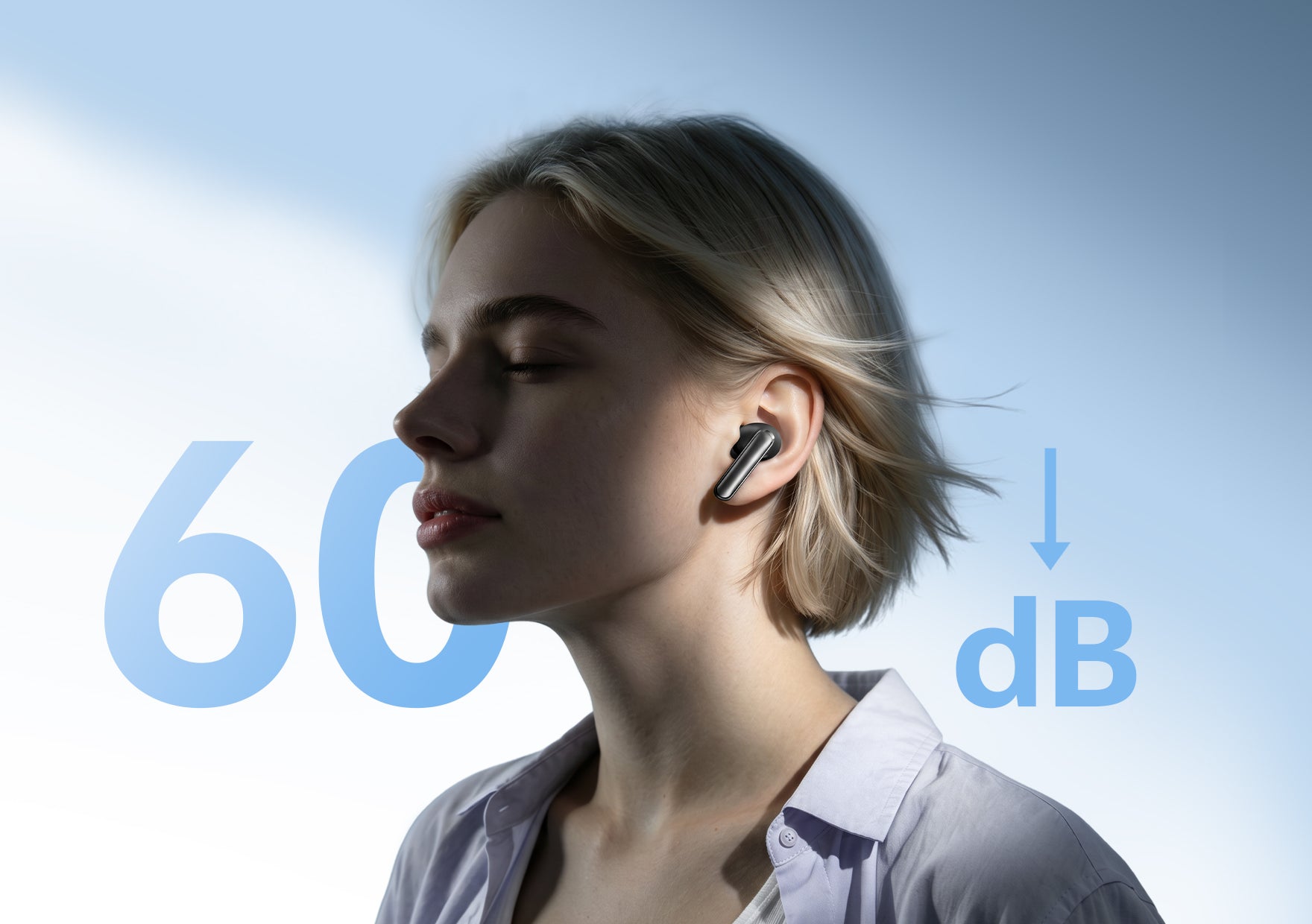 Mujer con auriculares Bluetooth, cancelación de ruido de 60 dB.