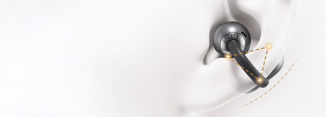 Auriculares intrauditivos negros con diagrama de ondas sonoras en el oído.