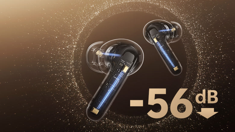 Auriculares inalámbricos con cancelación de ruido de -56 dB, representación transparente de los componentes internos sobre fondo dorado