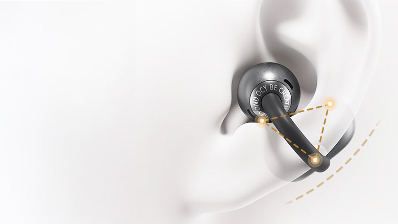Auriculares inalámbricos con diseño ergonómico para un ajuste seguro en el oído, ideales para deporte y uso diario.