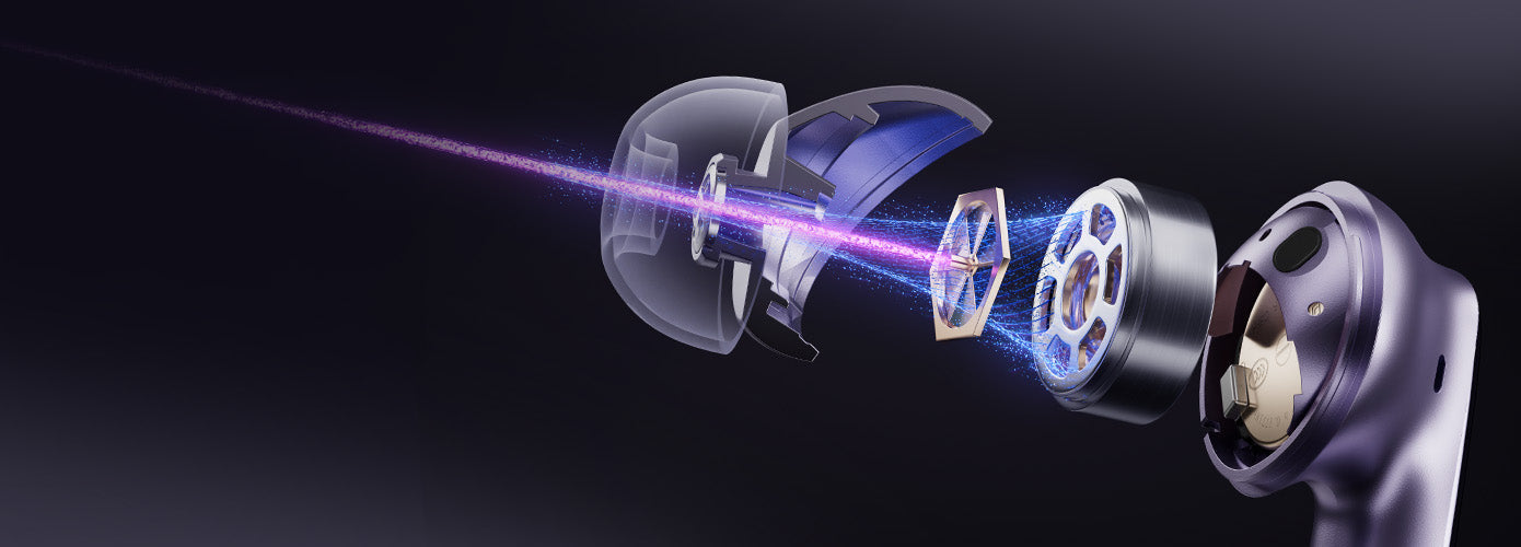 Estructura interna de auriculares inalámbricos con altavoces visibles y haz de audio.