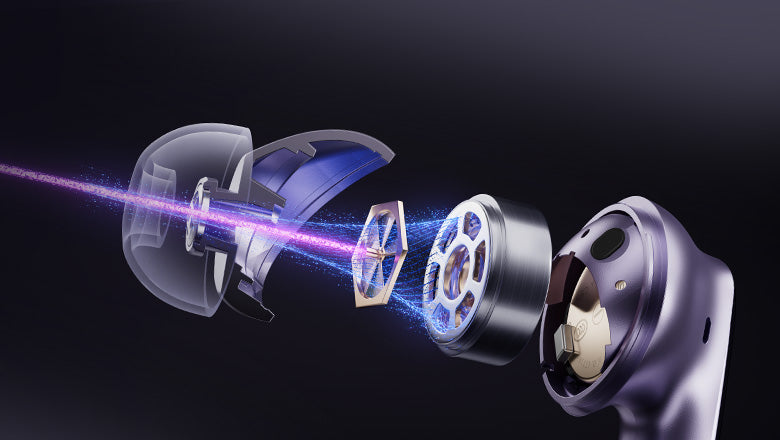 Estructura interna de los AirPods Pro con componentes visibles y efectos de luz.