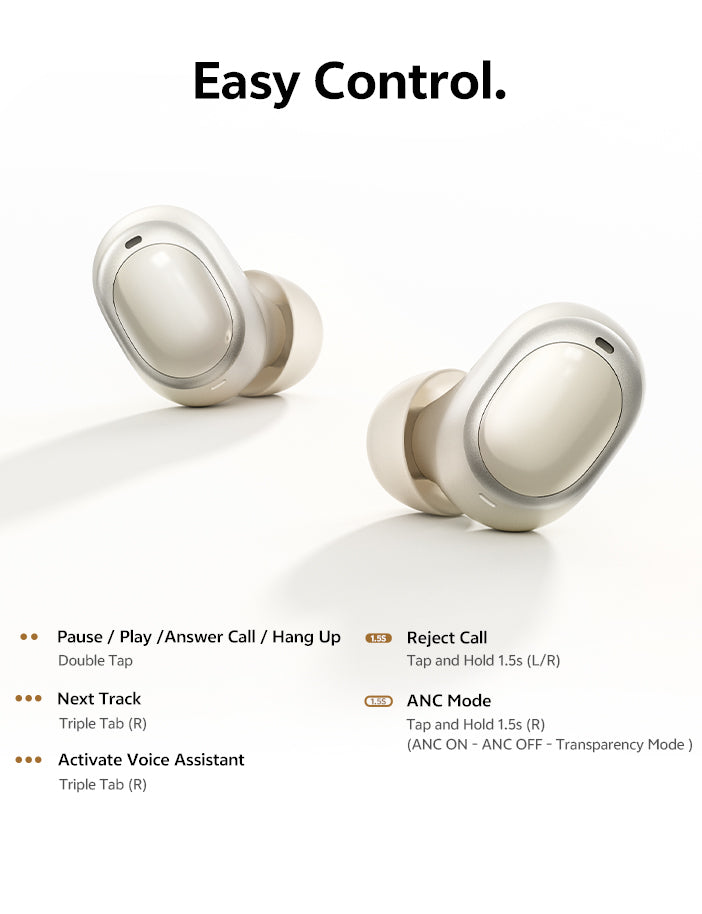 Auriculares inalámbricos blancos con control táctil: doble toque para reproducir/pausar, triple toque para pista/asistente, mantener pulsado para encender