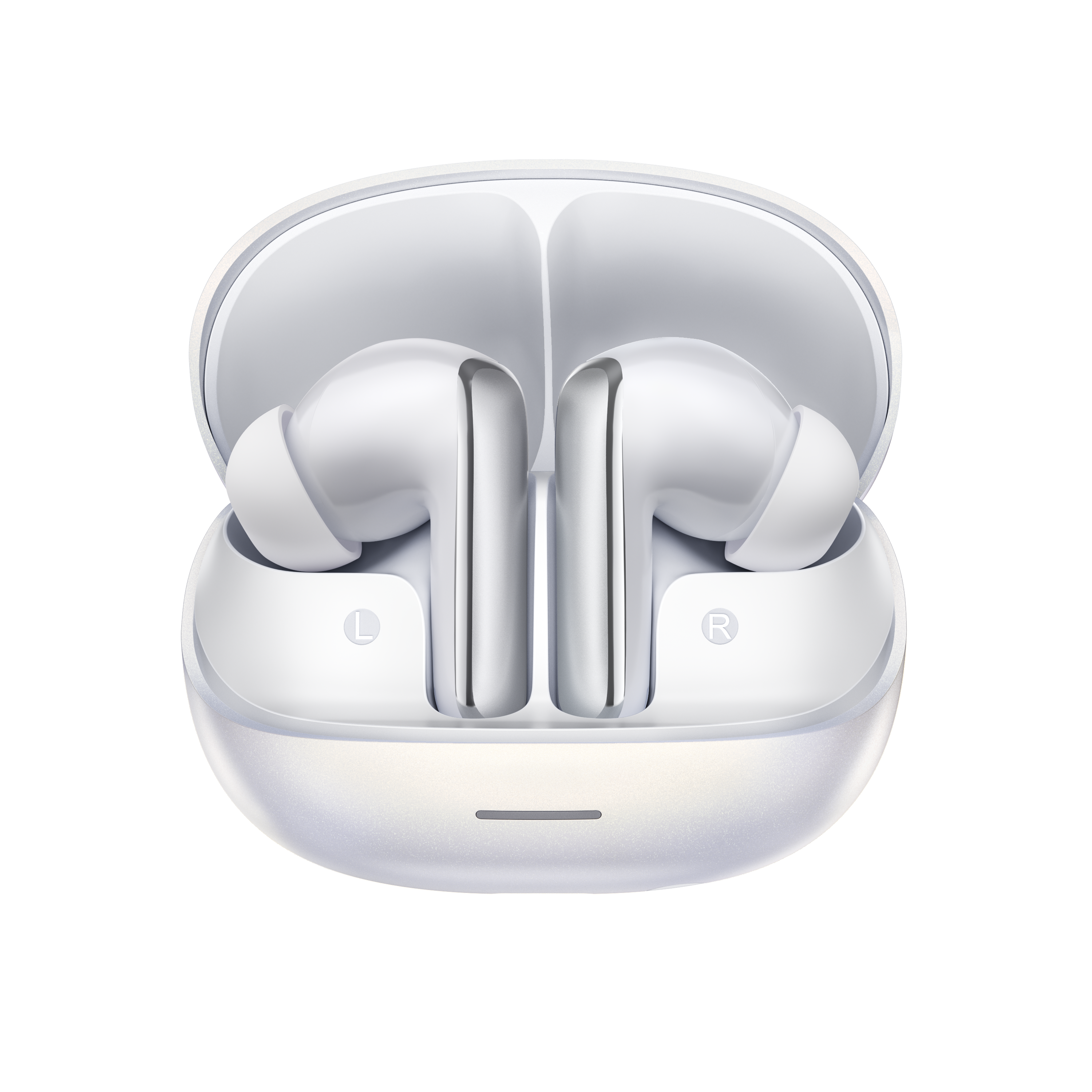 MeloBuds N65 – auriculares True Wireless blancos con caja de carga, marcados con L y R.