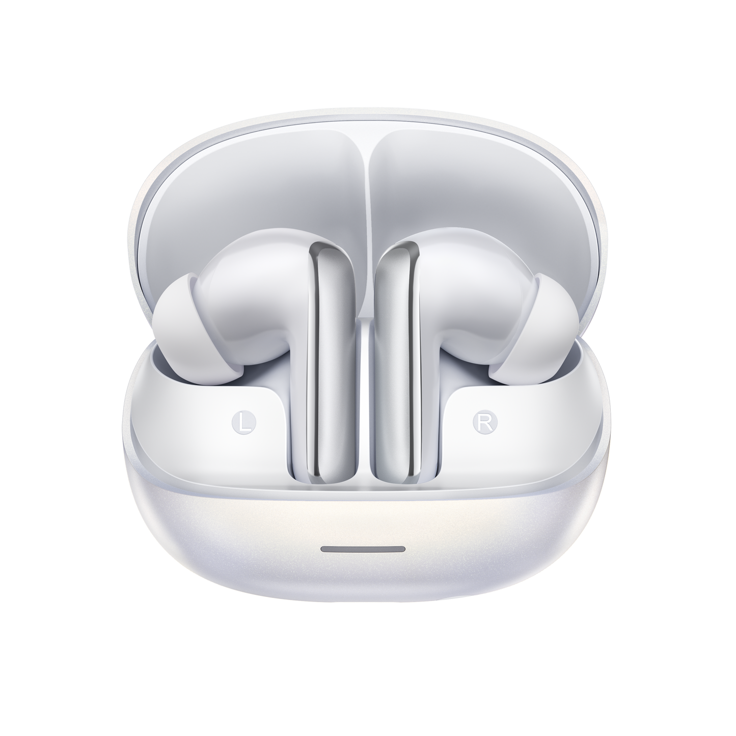 MeloBuds N65 – auriculares True Wireless blancos con caja de carga, marcados con L y R.