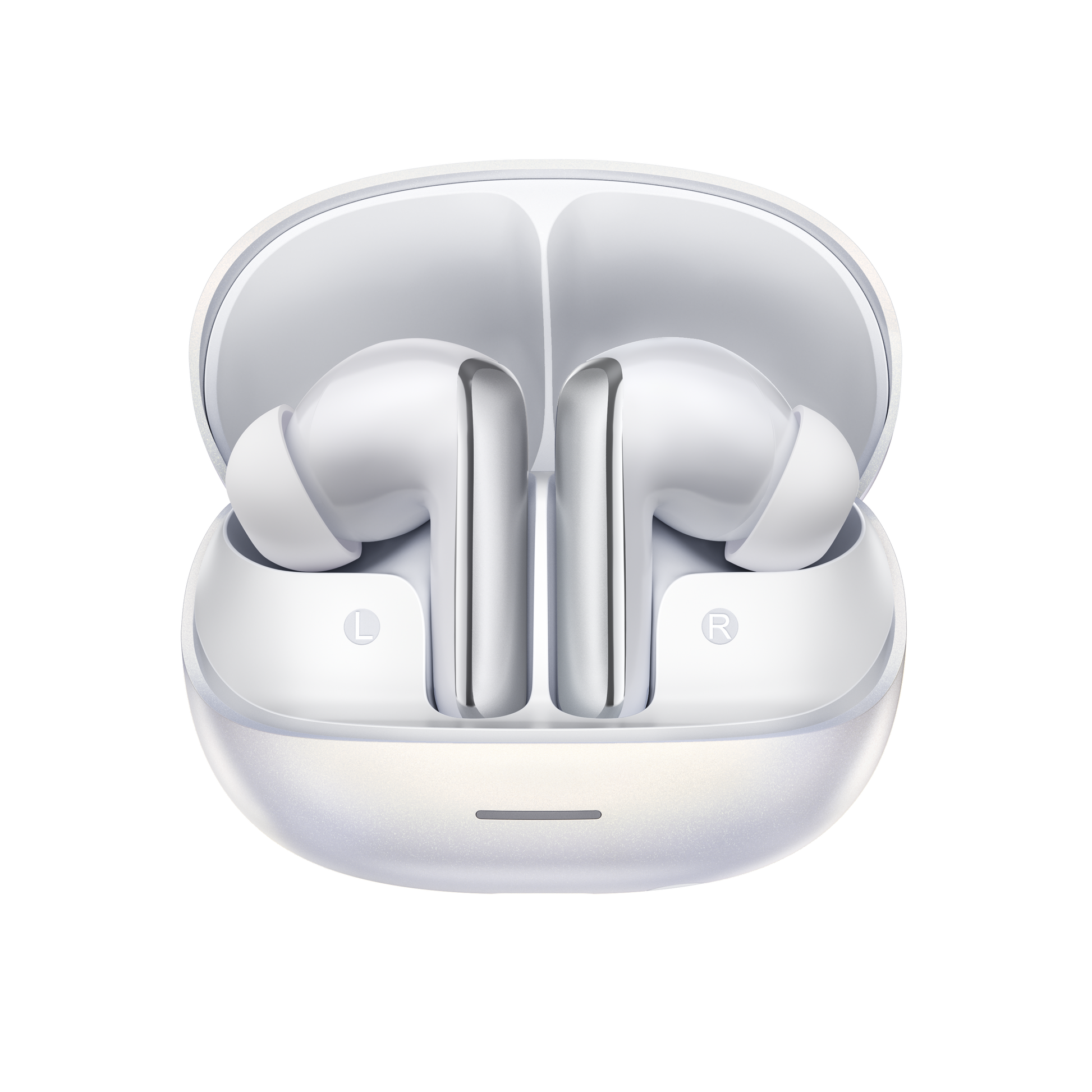 MeloBuds N65 – auriculares True Wireless blancos con caja de carga, marcados con L y R.