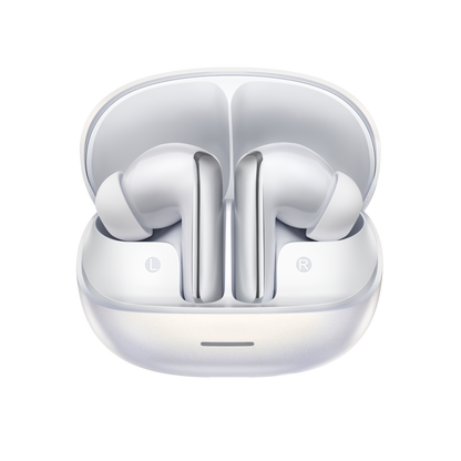 MeloBuds N65 – auriculares True Wireless blancos con caja de carga, marcados con L y R.