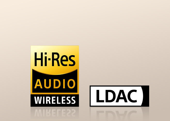 Logo Hi-Res Audio Wireless y LDAC para reproducción de audio inalámbrica de alta calidad.