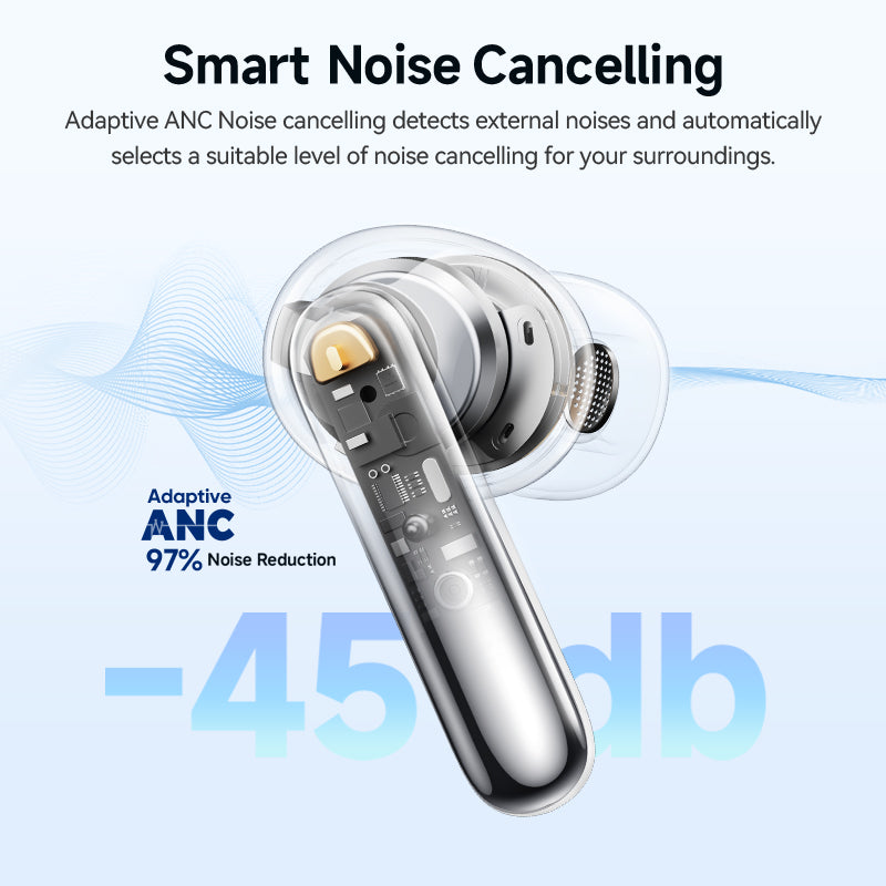 Black QCY Melobuds N50 earbud showcasing smart noise cancelling with adaptive ANC and 97% noise reduction capability
