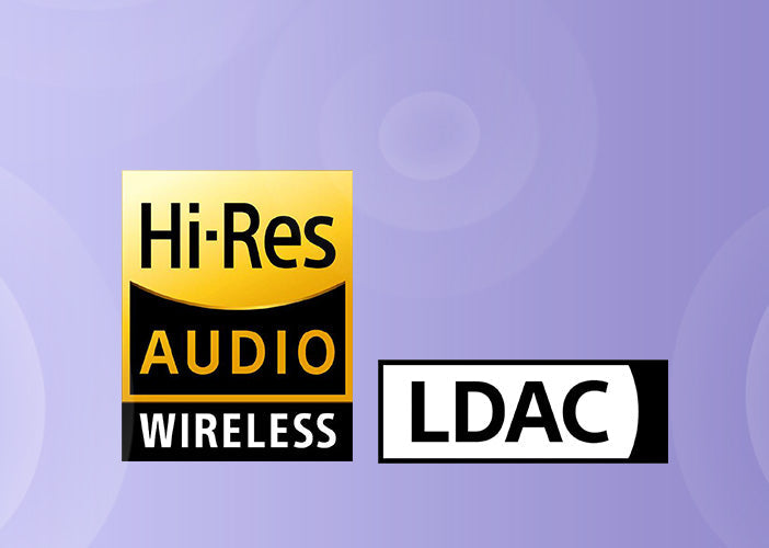 Audio inalámbrico Hi-Res y logo LDAC sobre fondo morado