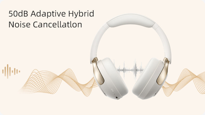 Auriculares blancos Over-Ear con cancelación de ruido híbrida adaptativa de 50dB y animación de ondas.