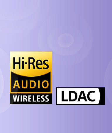 Logotipo de Hi-Res Audio Wireless y LDAC sobre fondo morado.