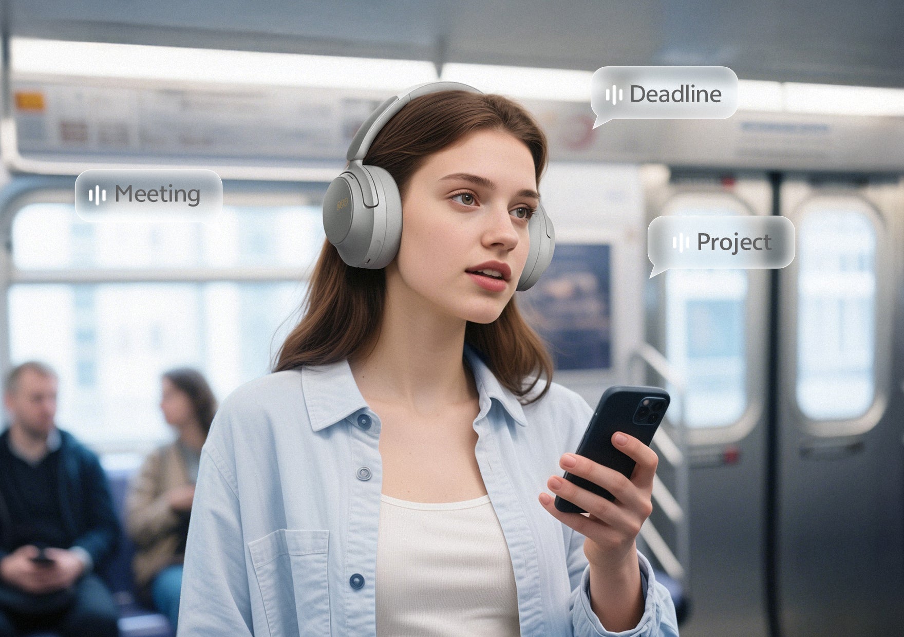 Mujer con auriculares en el metro, rodeada de notificaciones como reunión, fecha límite y proyecto.