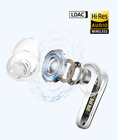 Auriculares inalámbricos intrauditivos plateados con LDAC y audio Hi-Res, diseño transparente.