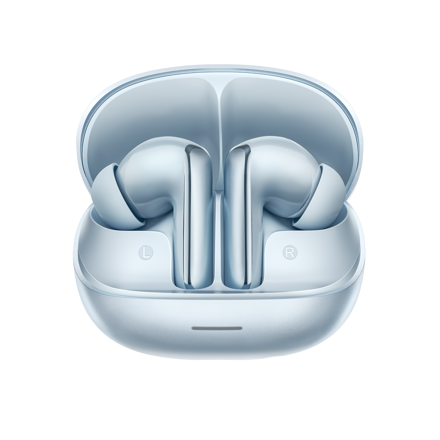 MeloBuds N65 – elegantes auriculares intrauditivos en azul claro con caja de carga.