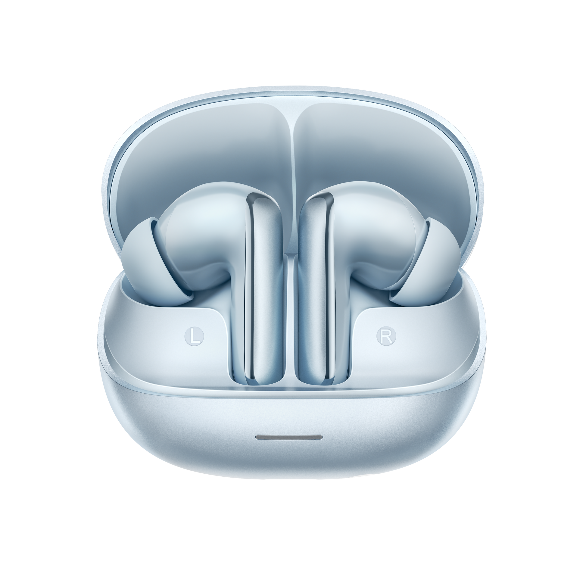 MeloBuds N65 – elegantes auriculares intrauditivos en azul claro con caja de carga.