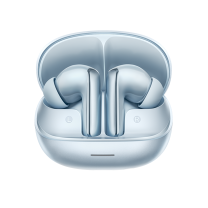 MeloBuds N65 – elegantes auriculares intrauditivos en azul claro con caja de carga.