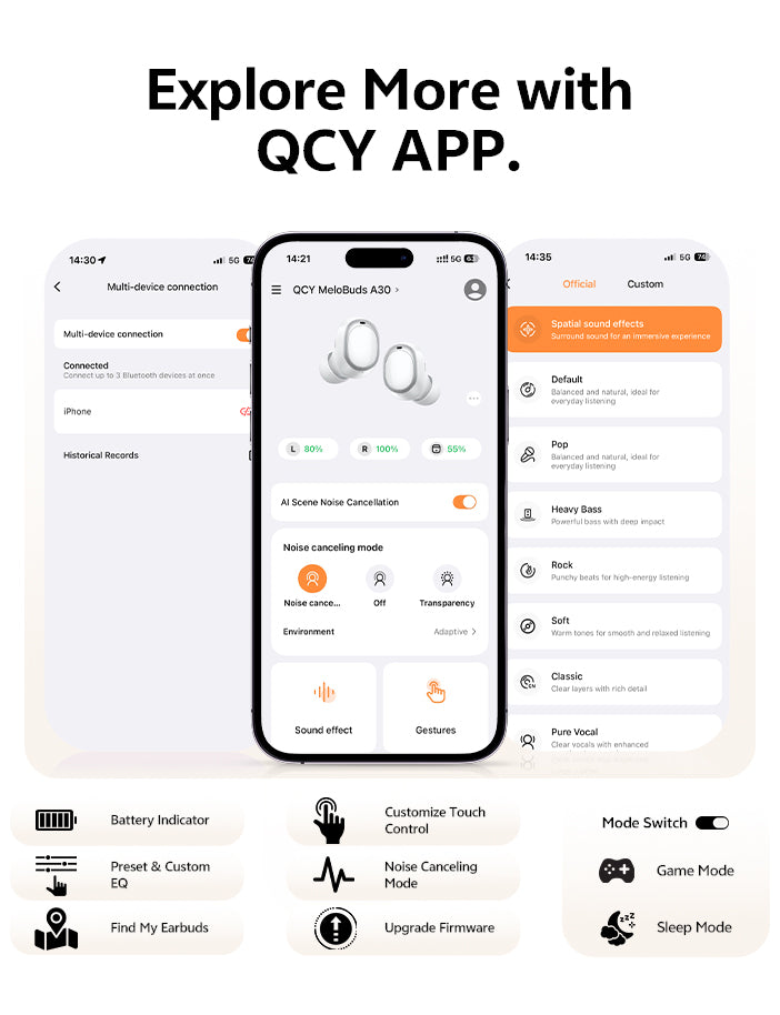 Aplicación QCY para MeloBuds A30: mostrar cancelación de ruido, efectos de sonido y conexión múltiple de dispositivos en una pantalla de smartphone.