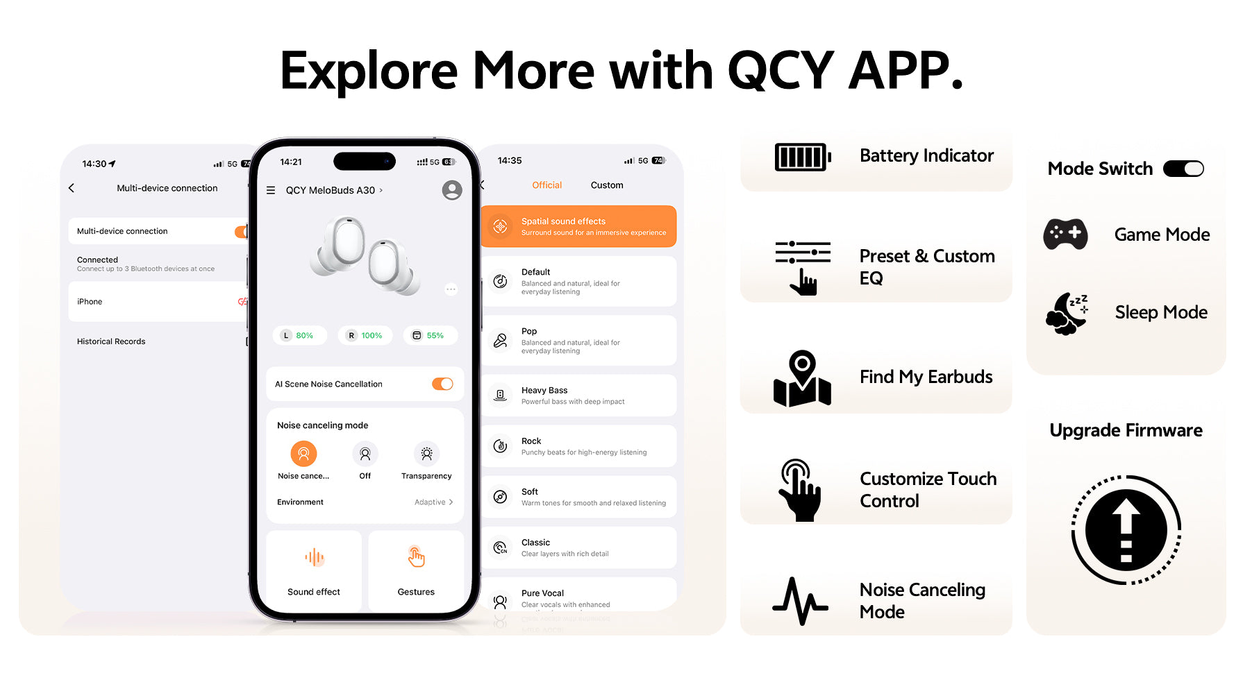 Aplicación QCY: funciones como conexión de dispositivos, ajuste de ecualizador, cancelación de ruido y actualización de firmware para auriculares inalámbricos.