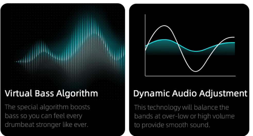 Algoritmo de graves virtuales y ajuste dinámico de audio para graves potentes y sonido equilibrado a cualquier volumen.
