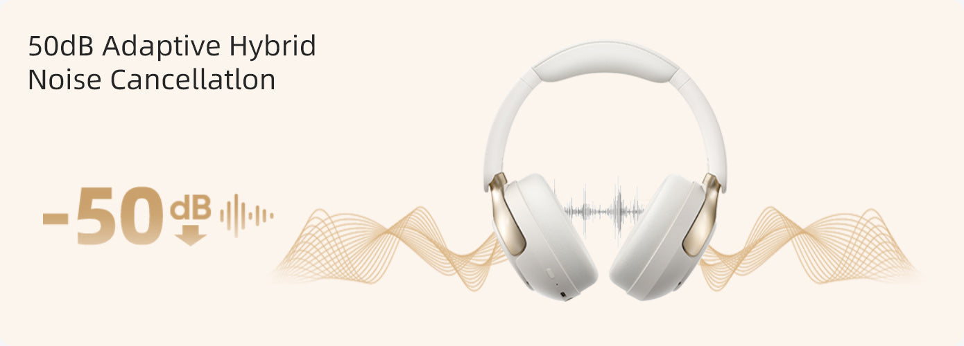 Auriculares blancos con cancelación de ruido híbrida adaptativa de 50dB, representados con ondas sonoras y reducción de ruido.