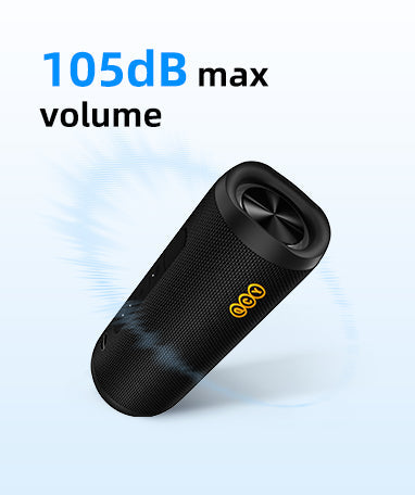 Altavoz Bluetooth portátil negro con un volumen máximo de 105dB, compacto y potente para llevar.