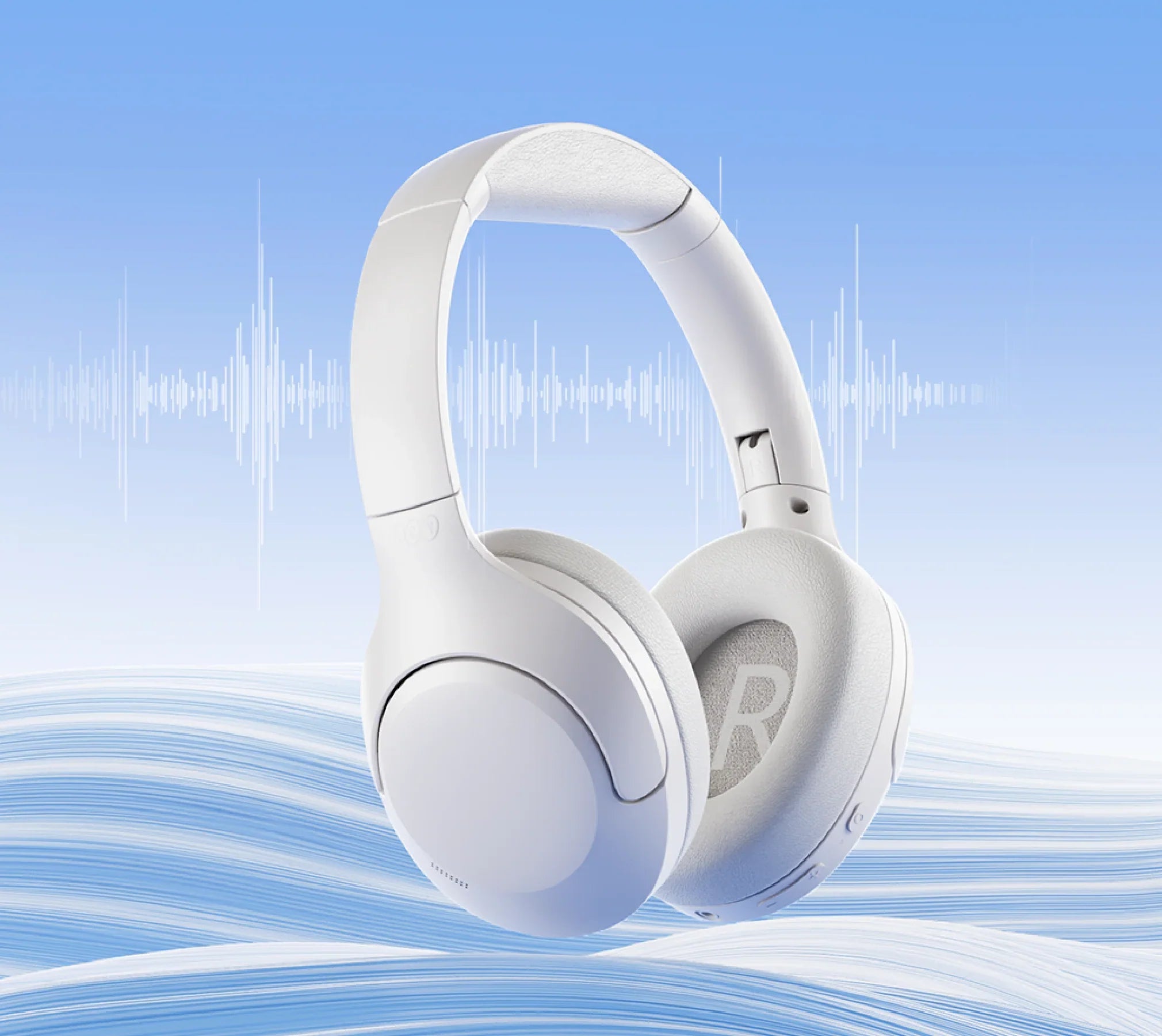 Auriculares blancos Over-Ear con cancelación de ruido y tecnología Bluetooth sobre fondo azul con ondas sonoras.