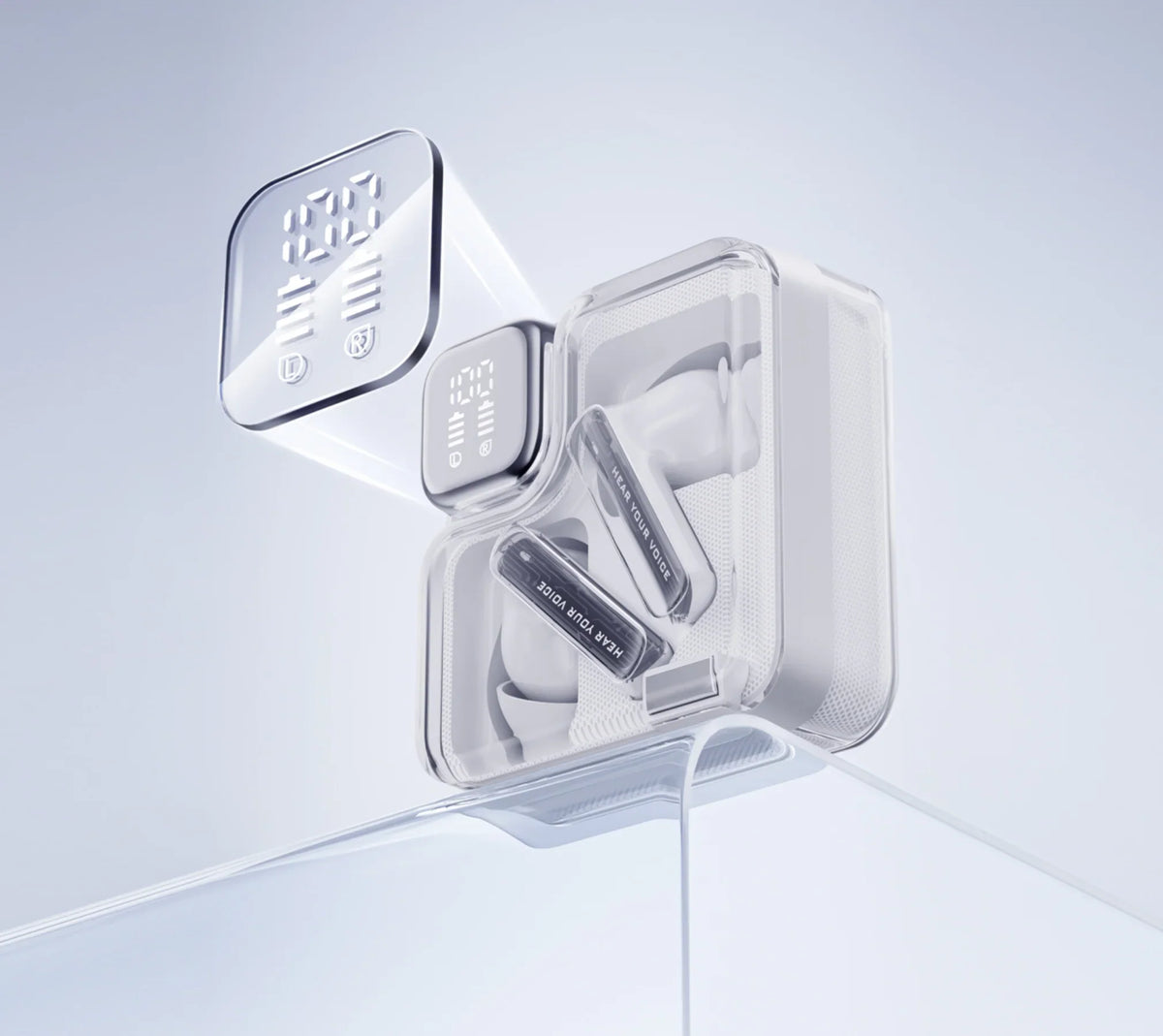 Caja transparente para auriculares con pantalla digital y auriculares – diseño moderno, estado de carga visible, accesorio "Hear Your Voice"