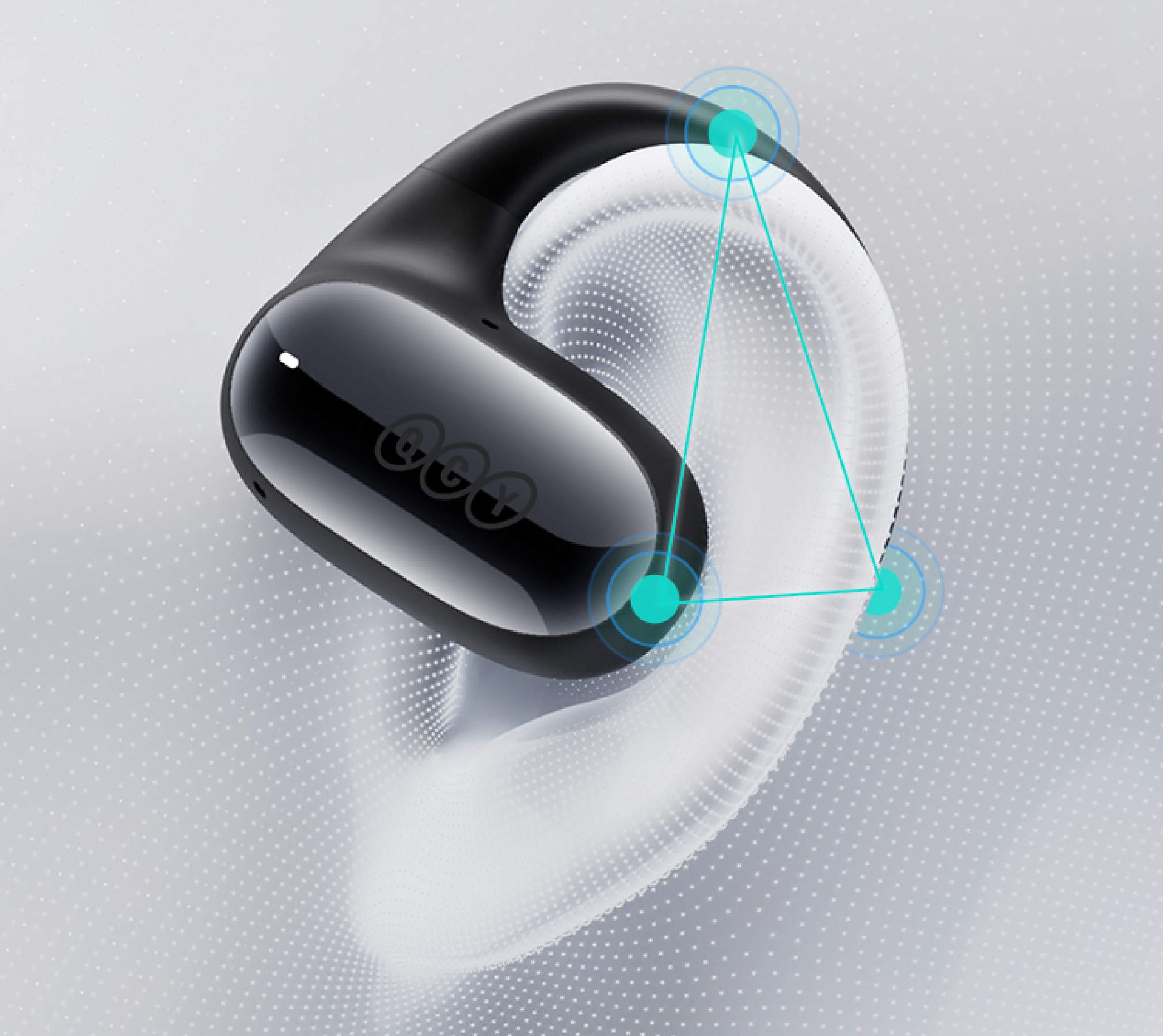 Auriculares QCY negros en estuche con diagrama de sonido 3D, ideales para música y llamadas.