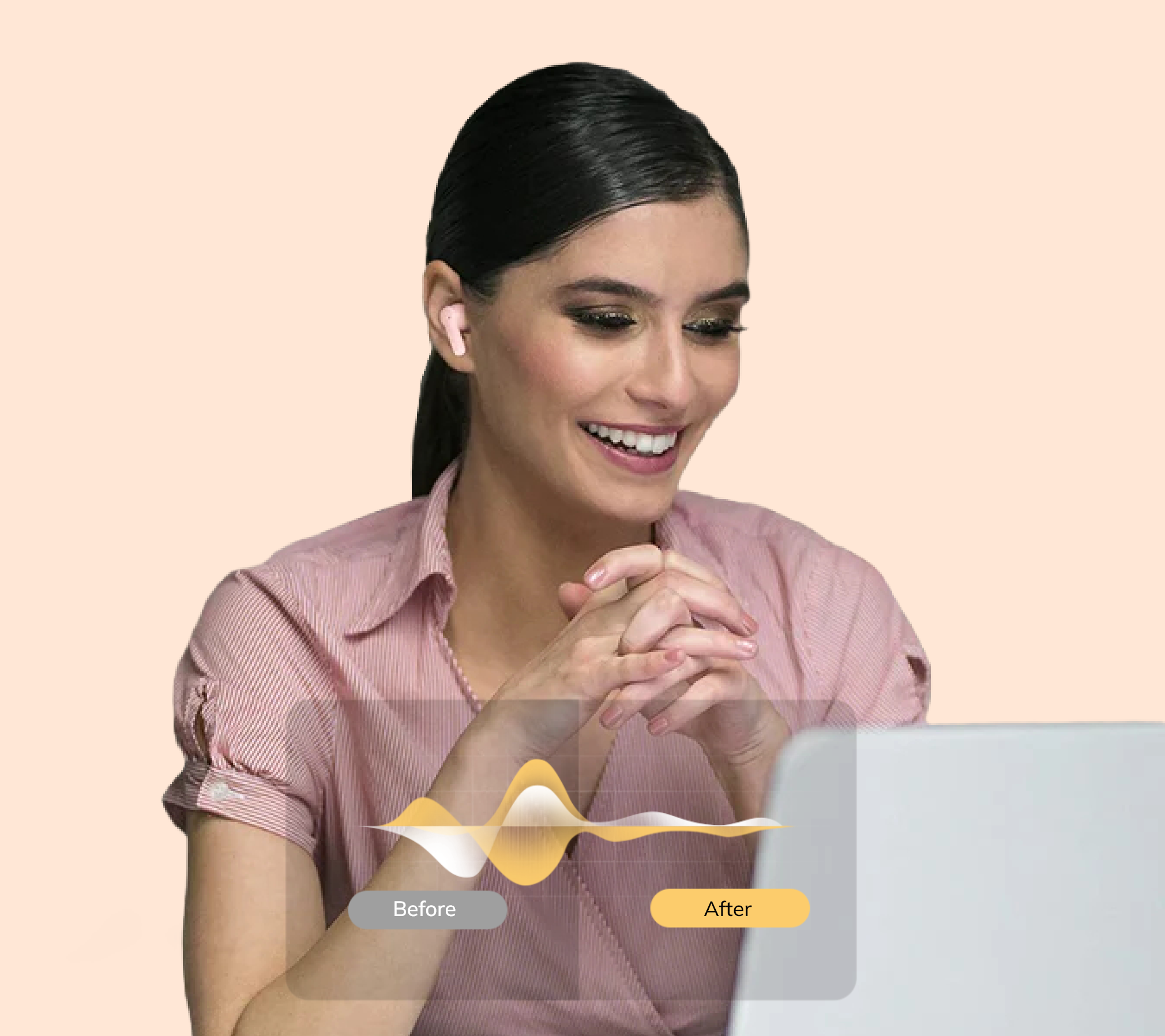 Mujer feliz con auriculares inalámbricos en videollamada: comparación antes y después