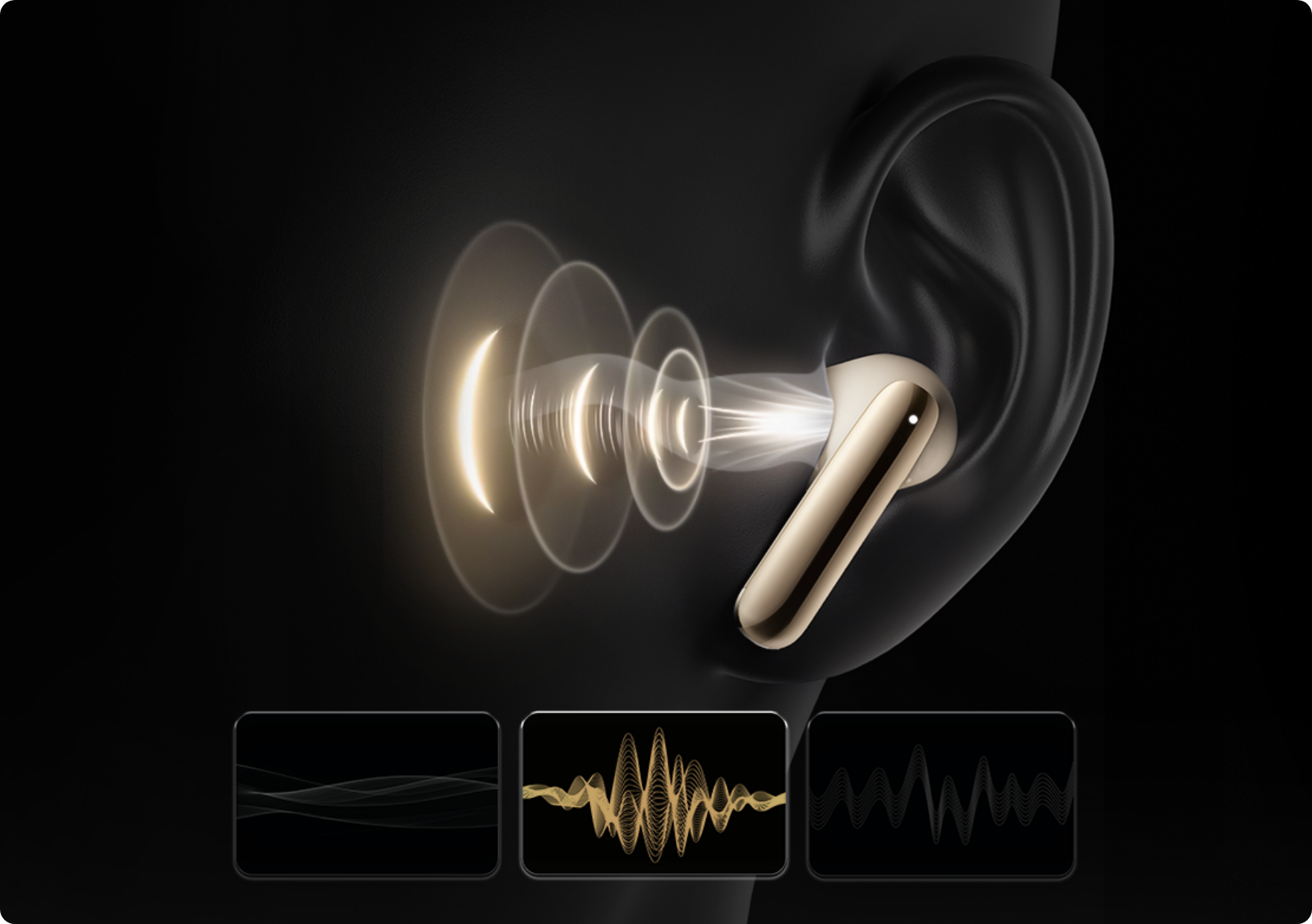 Auriculares intrauditivos dorados con representación de ondas sonoras y análisis de ondas de audio.