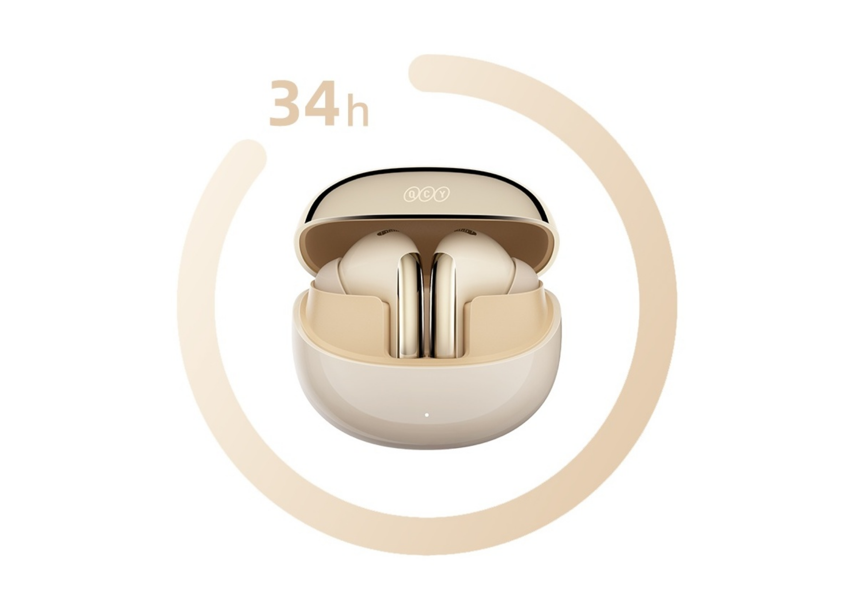 Auriculares inalámbricos QCY en beige con estuche de carga, 34 horas de duración de batería, diseño elegante para llevar.