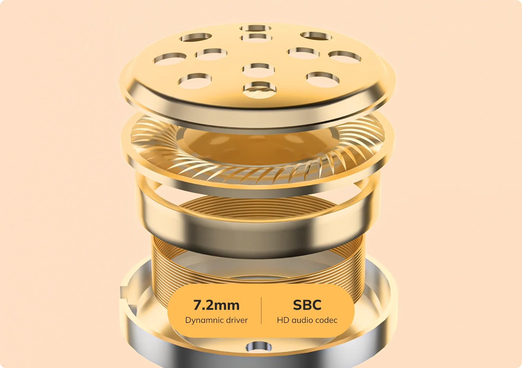 Controlador de altavoz dorado con dinámica de 7,2 mm y códec de audio SBC HD.