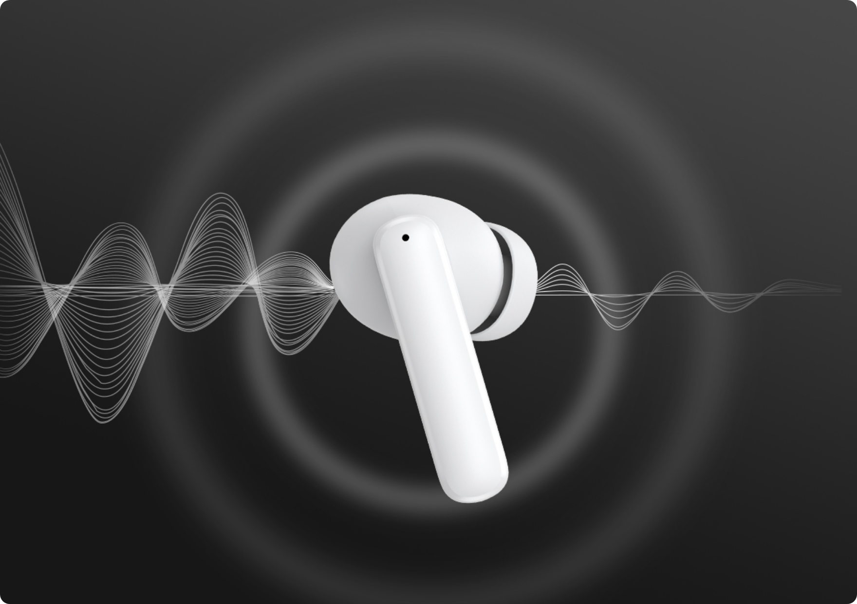 Auriculares inalámbricos blancos con representación de ondas sonoras sobre fondo oscuro.