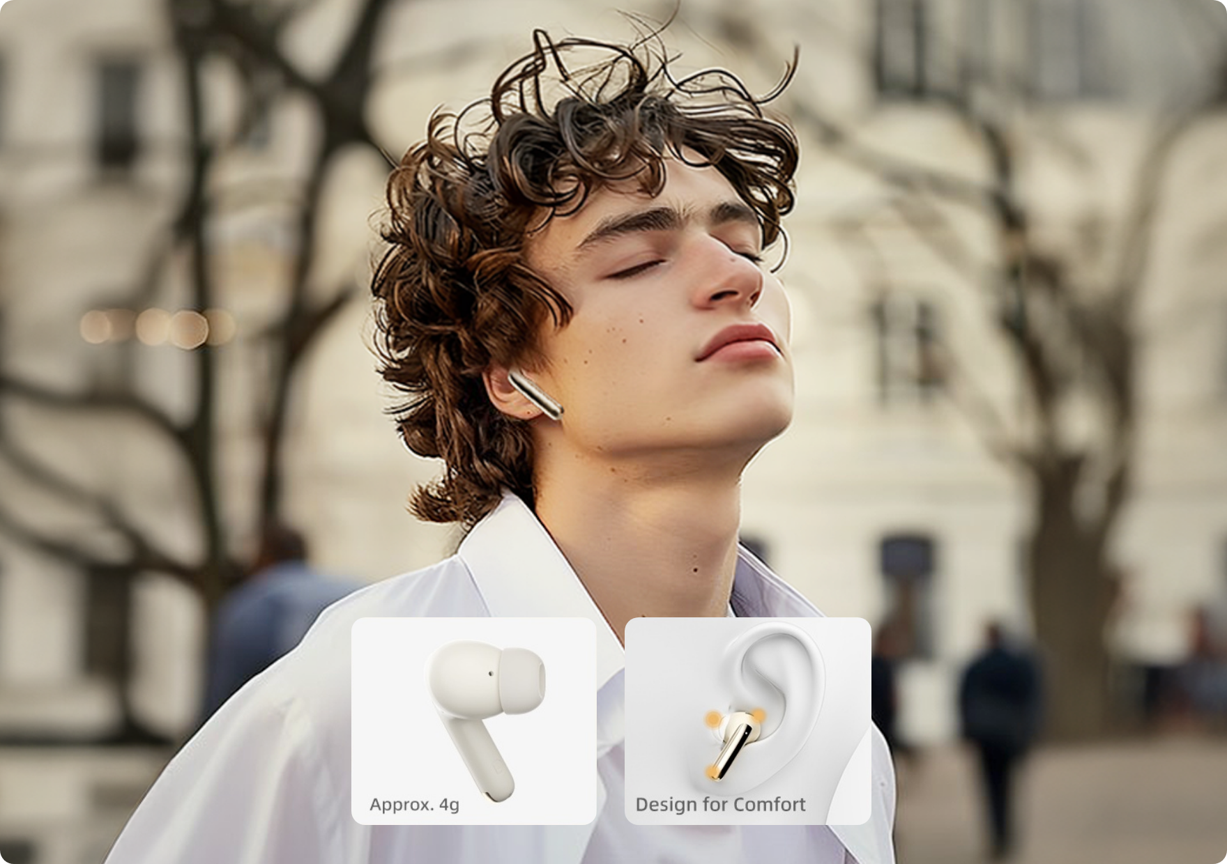 Auriculares ligeros con diseño para comodidad, aproximadamente 4 g – ideales para escuchar música al aire libre.