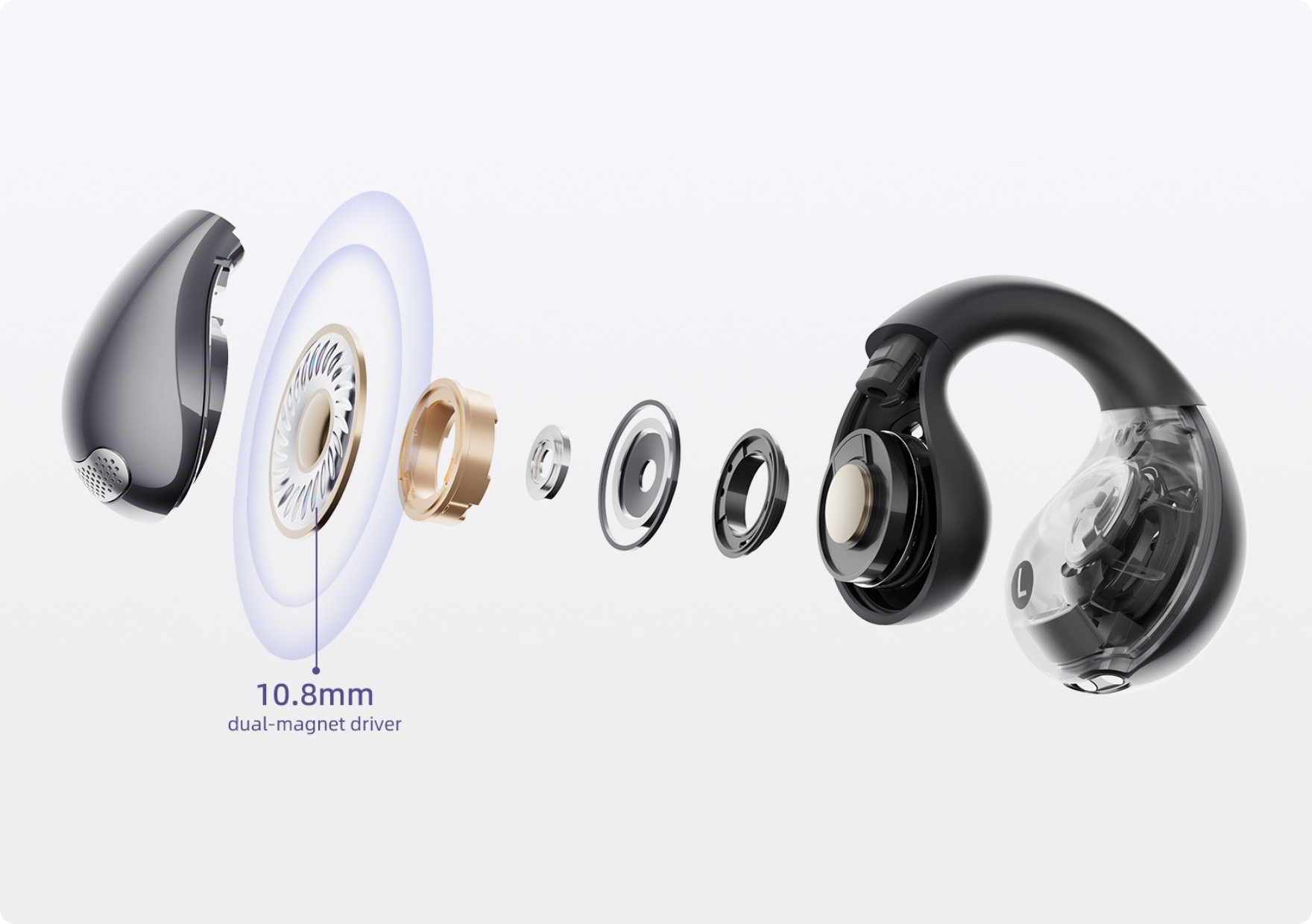 Representación estructurada del controlador de doble imán de 10,8 mm en un auricular con carcasa transparente.