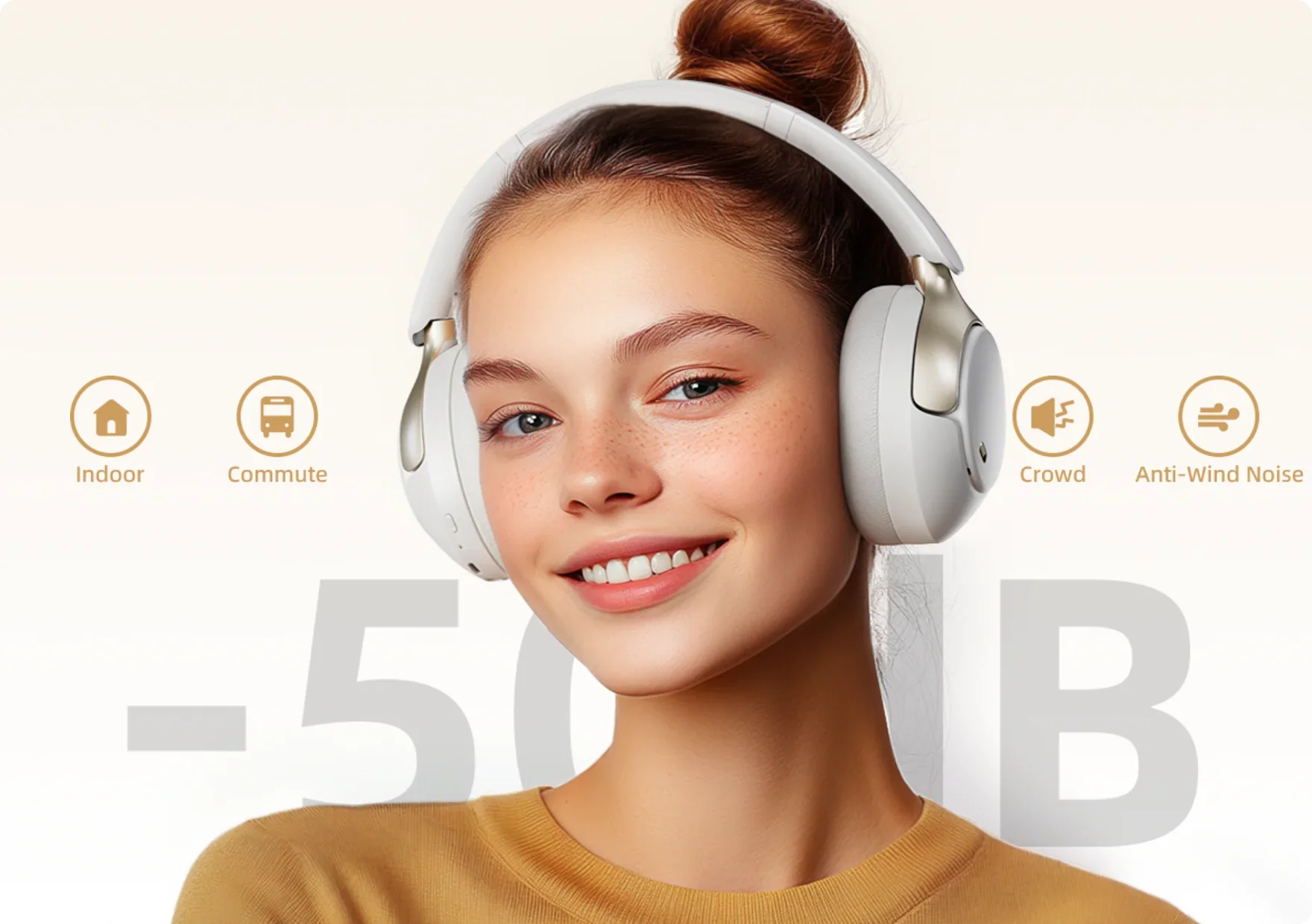 Auriculares blancos con cancelación de ruido y atenuación de -50dB para interiores, desplazamientos, multitudes y ruido del viento.