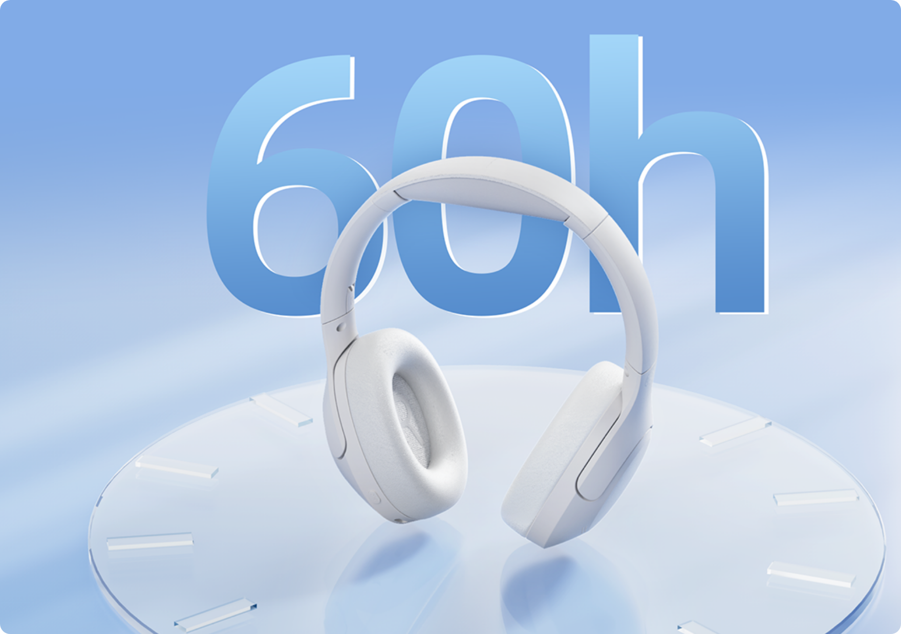 Auriculares blancos Over-Ear sobre fondo azul con batería de «60h» – diseño moderno para disfrutar de la música por mucho tiempo.