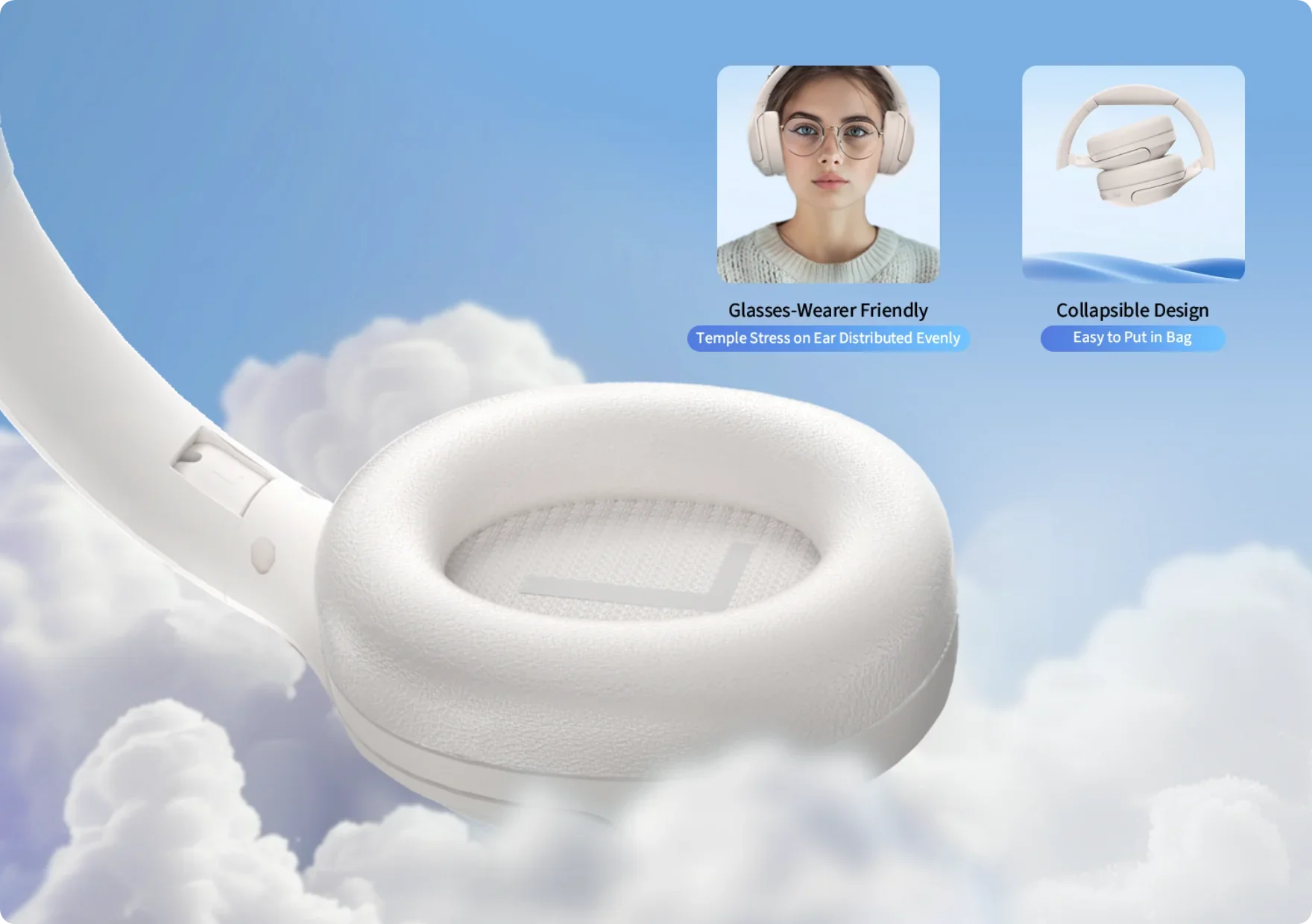 Auriculares plegables blancos para usuarios de gafas: ajuste cómodo, fácil de guardar.