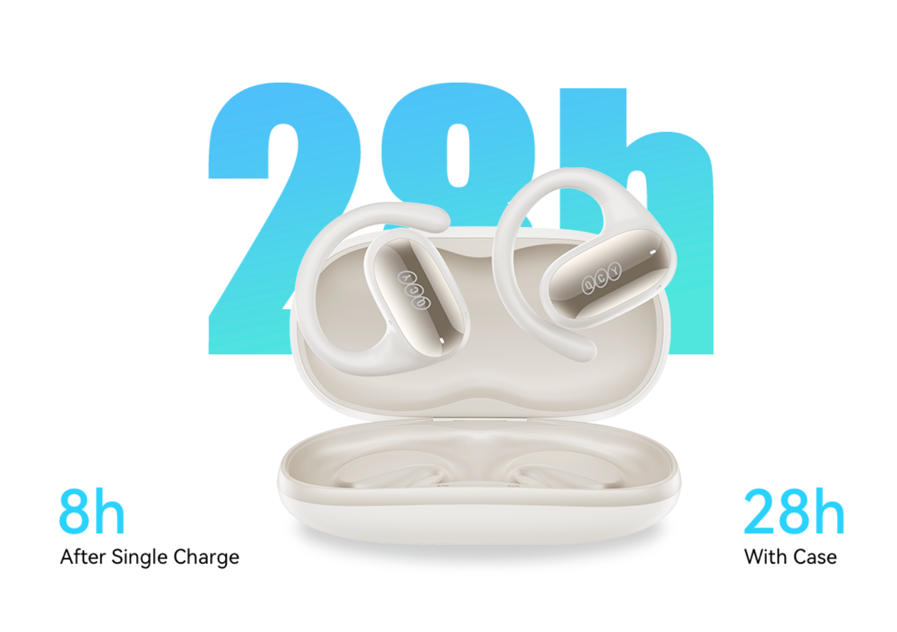 Auriculares abiertos QCY HT05 con estuche de carga: 8 horas de duración de batería por carga, 28 horas en total. Diseño blanco para deporte y uso diario.