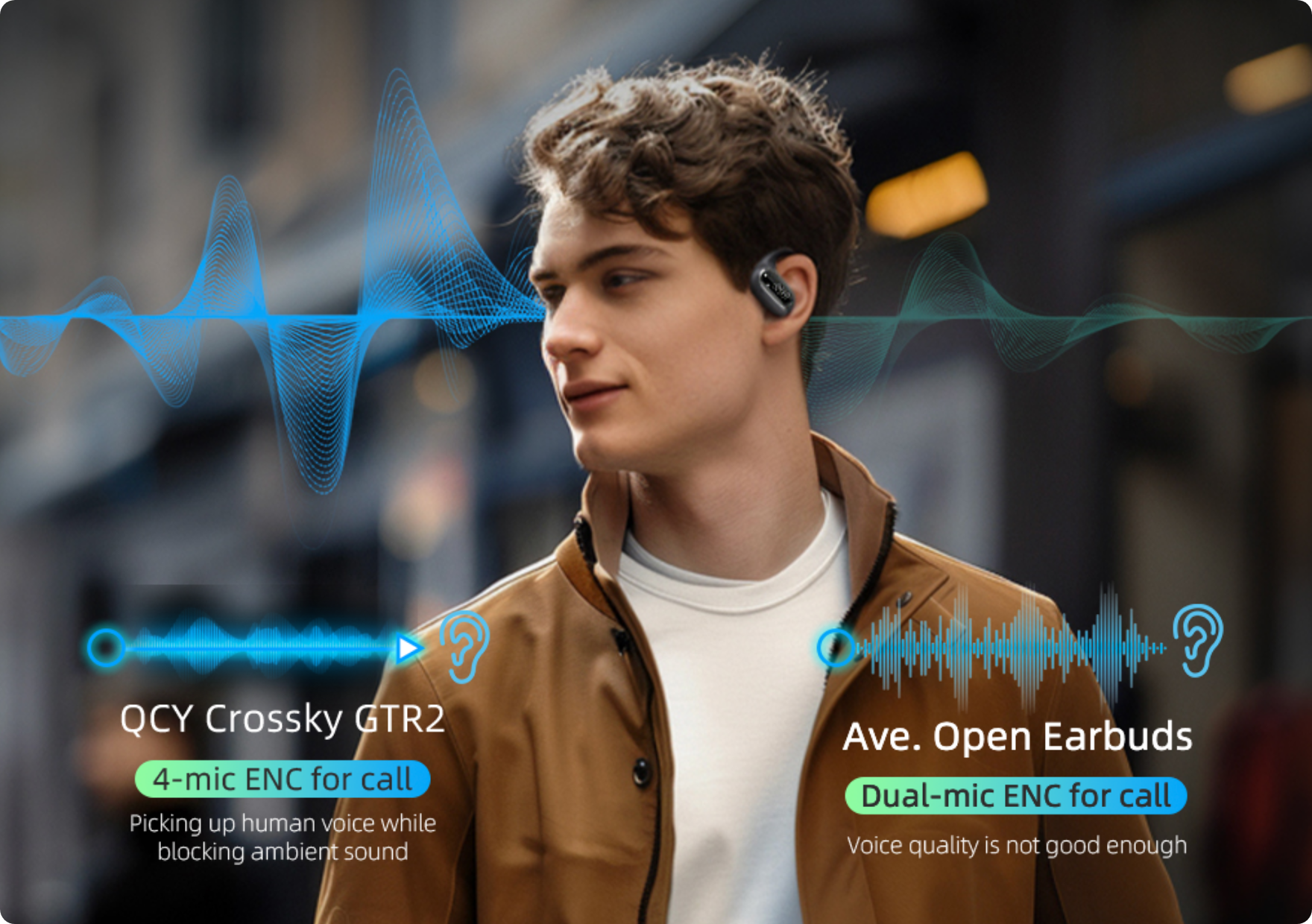 Auriculares QCY Crossky GTR2 con 4 micrófonos ENC para llamadas claras en comparación con auriculares abiertos promedio.