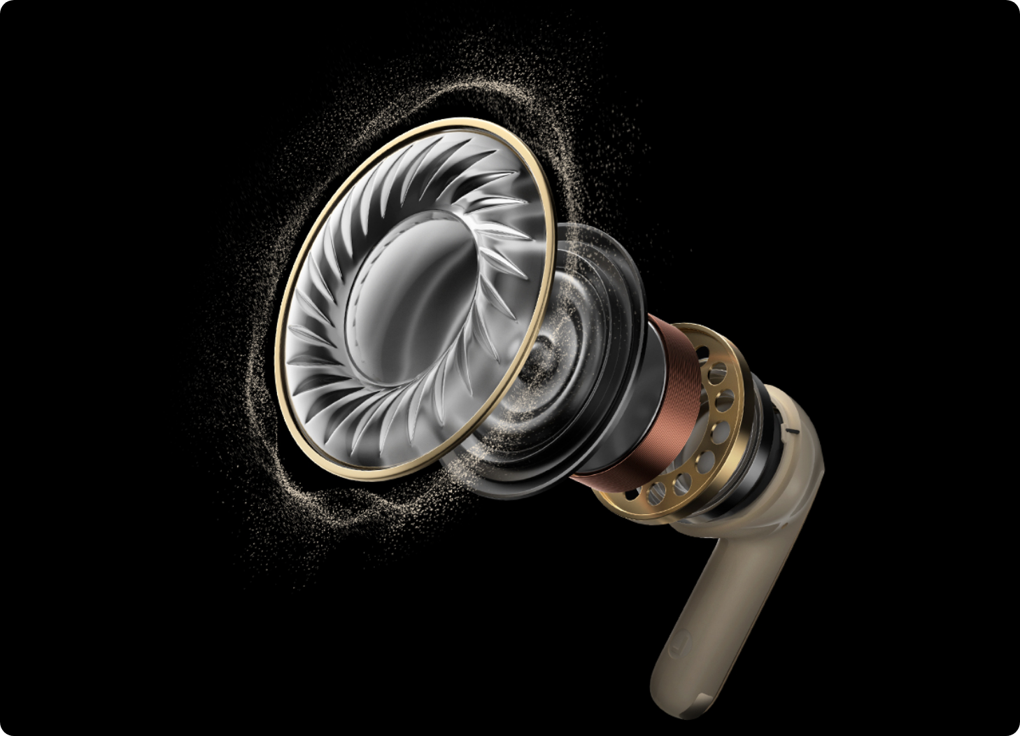 Estructura interna de unos auriculares inalámbricos con controlador dorado y diseño moderno.
