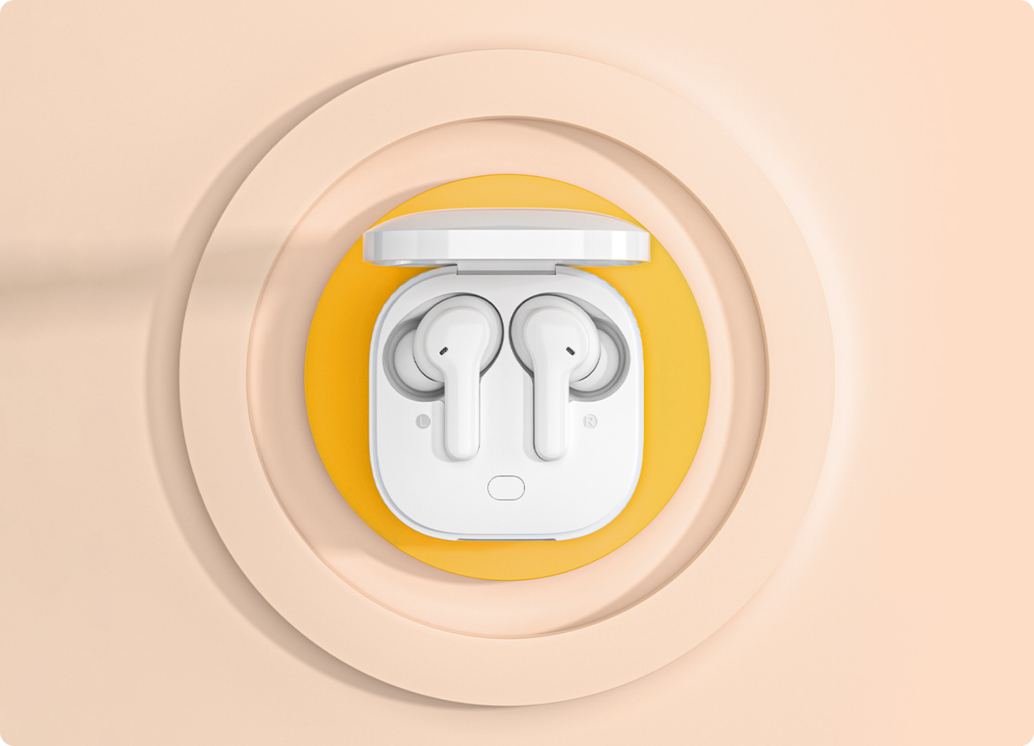 Auriculares inalámbricos blancos en un estuche de carga abierto sobre un círculo amarillo, rodeados de anillos concéntricos de colores pastel.